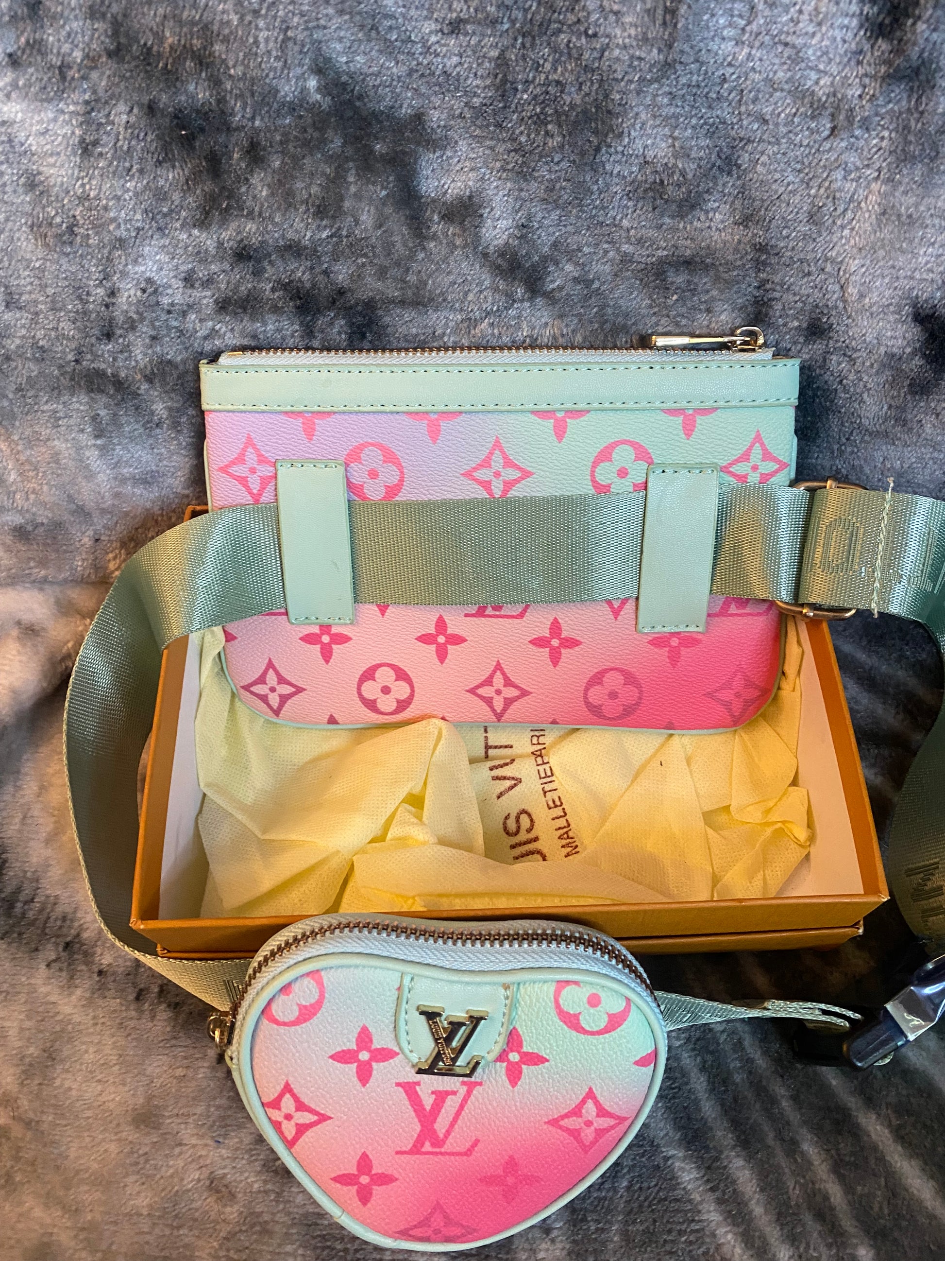 LV 2pc Belt Bag - Teal/Pink